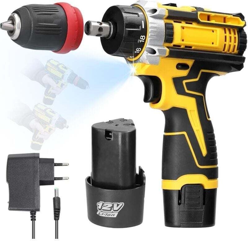 KZQ - Akku-Bohrschrauber, 12-V-Zubehör, Akku-Bohrschrauber mit LED-Licht, 2 x 1300-mAh-Akkus, 2 Geschwindigkeiten