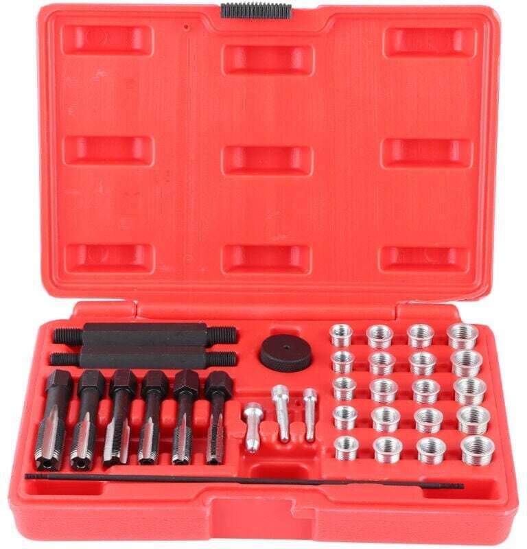 Decdeal 33-teiliges Glühkerzen-Gewinde-Reparatur-Set, Gewindebohrer-Einsatz, Führungsstift-Werkzeug-Set