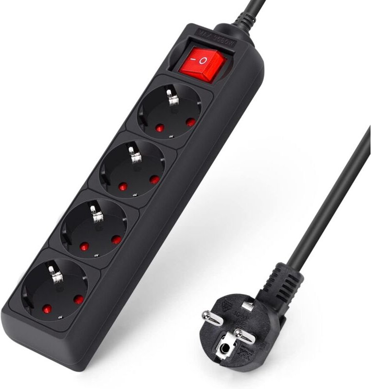 4-fach Steckdosenleiste mit 2 m Überspannungsschutzkabel, schwarz, 3680 W