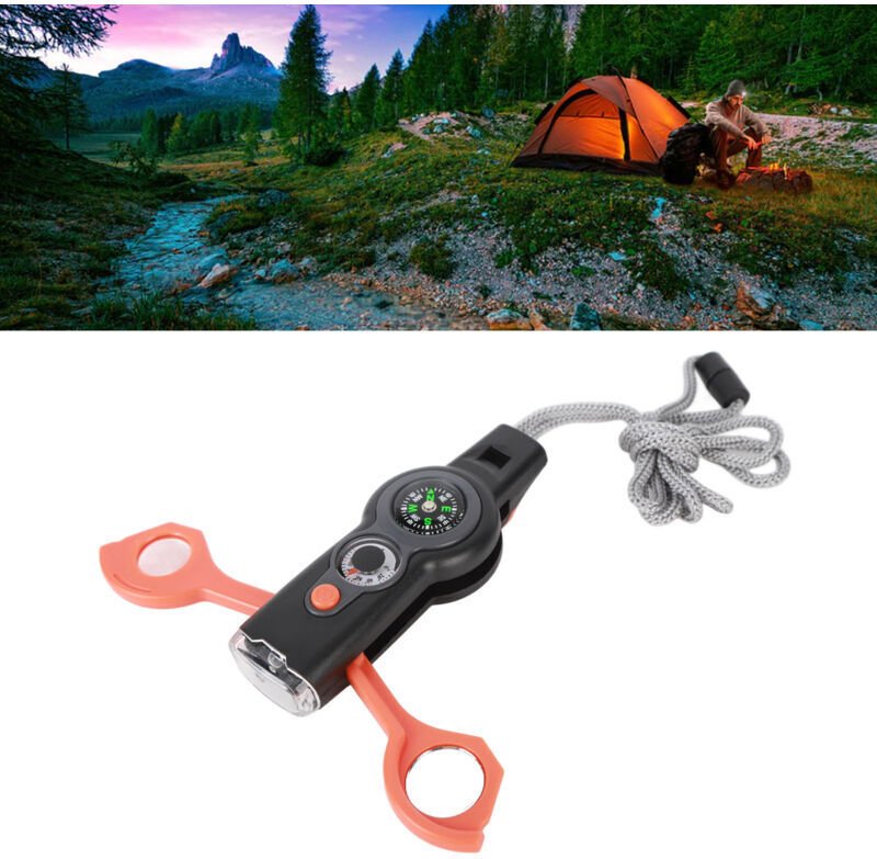 7-in-1-Notfallpfeife, LED-Thermometer, Kompass, Multifunktionspfeife zum Wandern und Klettern, Orange