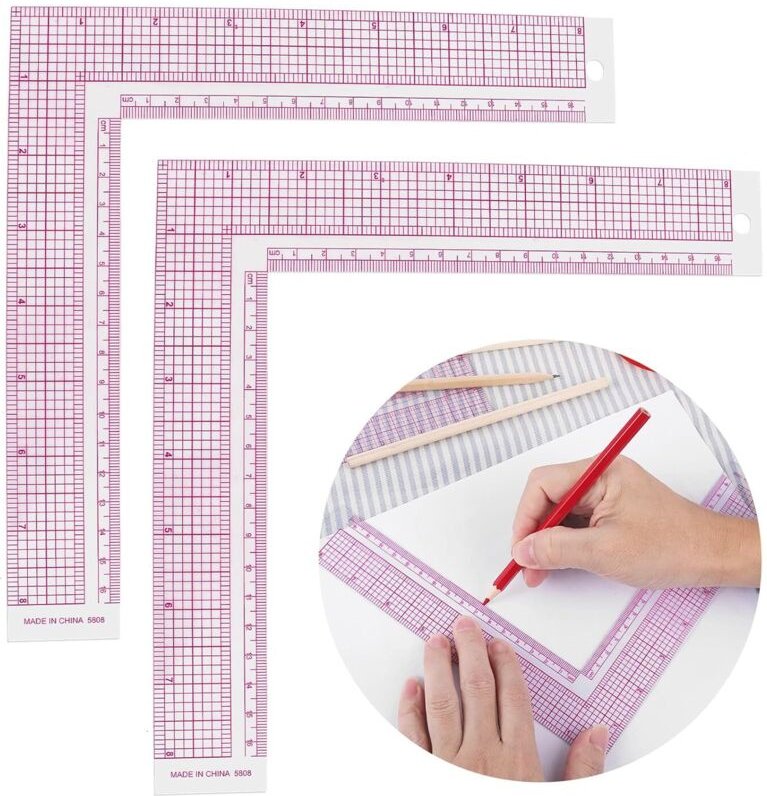 2 Stück Nählineal aus Kunststoff, L-förmiges Winkellineal, transparentes rosa metrisches Lineal zur Messung von Nähgarnw...