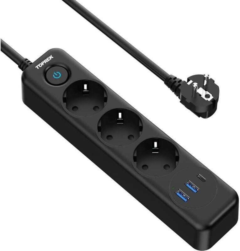 Mehrfachsteckdose mit 3-fachem Eurostecker und 2 m langem Verlängerungskabel aus reinem Kupfer