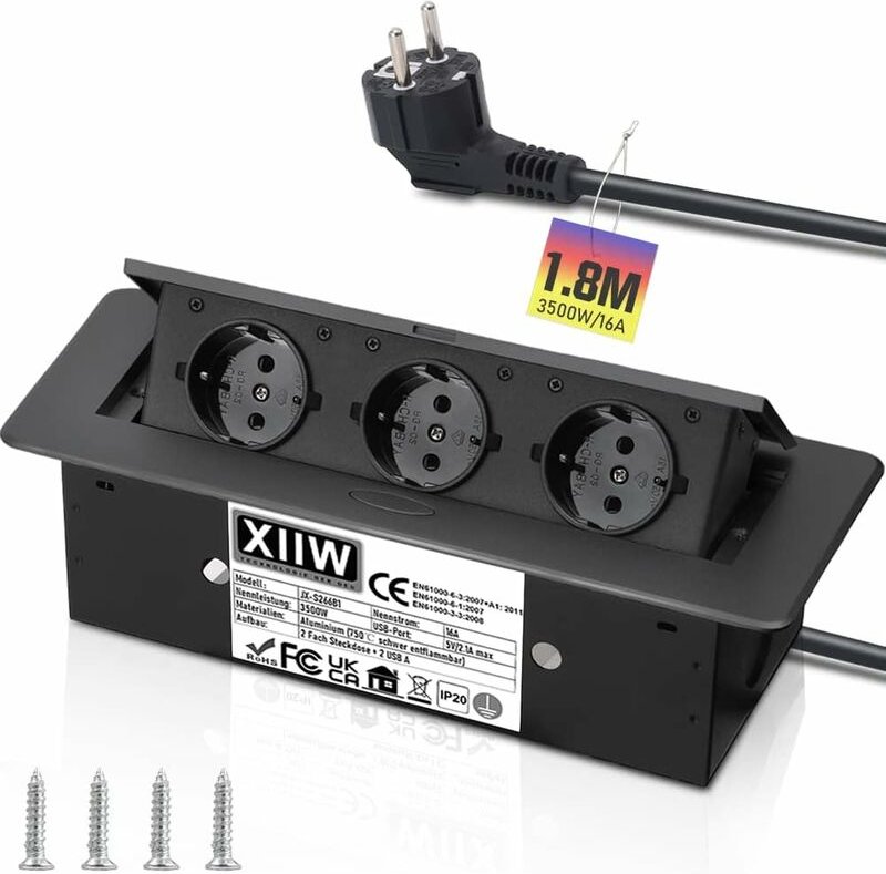 Aluminium Versenkbare Einbausteckdose, 3500W/16A/230V, 3 Fach Tischplatte Versenkte Steckdose arbeitsplatte, Tischsteckd...