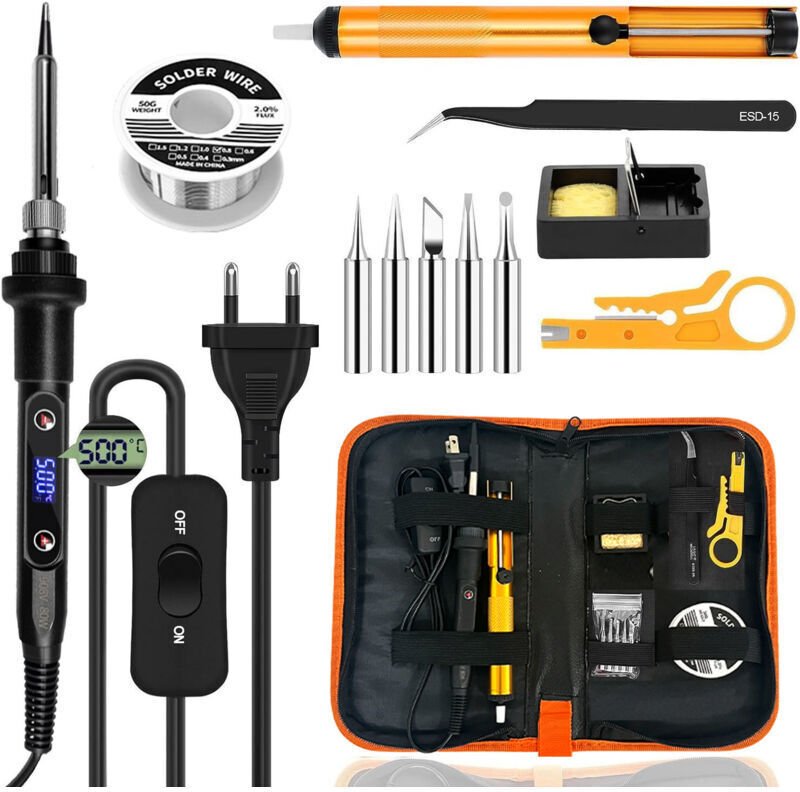 Lötkolben-Set 80W Einstellbare Temperatur 180-500°C Präzisionselektronik mit EIN/AUS-Schalter, 5 Lötspitzen etc.