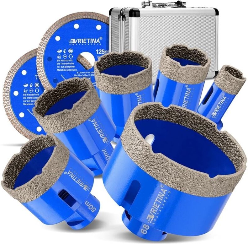 8tlg M14 Fliesenbohrer Set 20/35/40/45/50/68mm + 2X Trennscheibe 125mm Diamantbohrer mit Werkzeugkoffer Diamant Lochsäge...