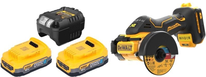 DeWalt DCS 438 E2 Akku Multimaterialschneider 18 V 76 mm Brushless + 2x Powerstack Akku 1,7 Ah + Ladegerät