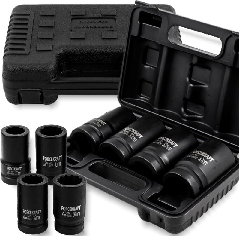FORCEKRAFT Set mit 4 tiefen Schlagschraubernüssen im Koffer, 1" 12-kant, 27-36 mm