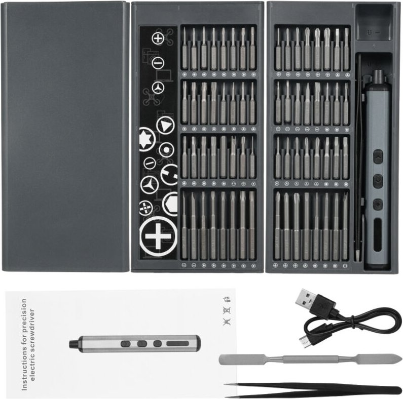 Avvitatore elettrico al litio 68 in 1 con luce LED, 64 punte di precisione (per telefoni, computer, orologi, droni)