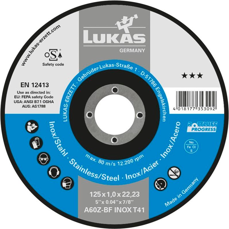 Lukas Trennscheiben Progress 125x1,6x22,23mm - Schleifscheibe für Stahl und Edelstahl, gerade Form T41