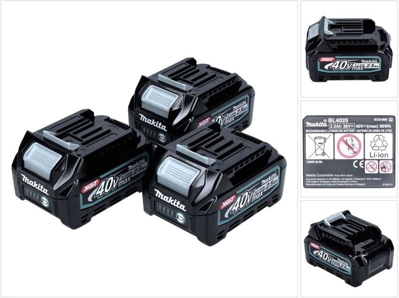 Makita Akku Set 40 V mit 3x BL 4025 2.5 Ah ( 3x 191B36-3 ) XGT Li-Ion Akku IP64 Schutzklasse mit LED Anzeige
