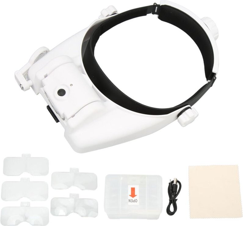 Kopfbandlupe mit 3 LEDs und 23 Vergrößerungsstufen. Verstellbare, wiederaufladbare Kopfbandlupe.