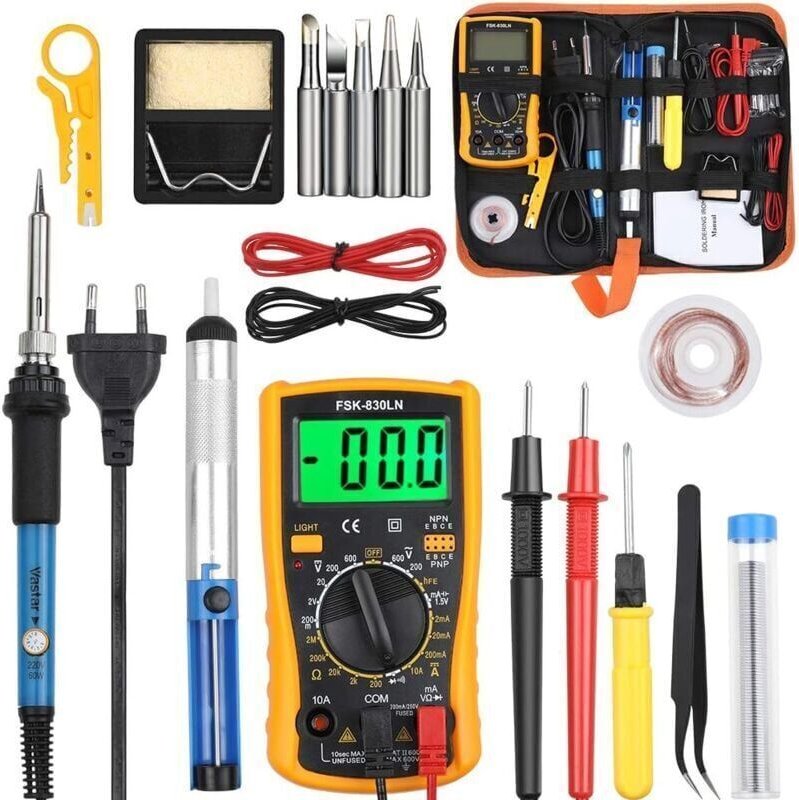 Lötset – 60 W – Temperatur einstellbar von 200–450 °C – Multimeter – 5 Lötspitzen – Lötkolben – Lötdraht – Pinzette – Ab...
