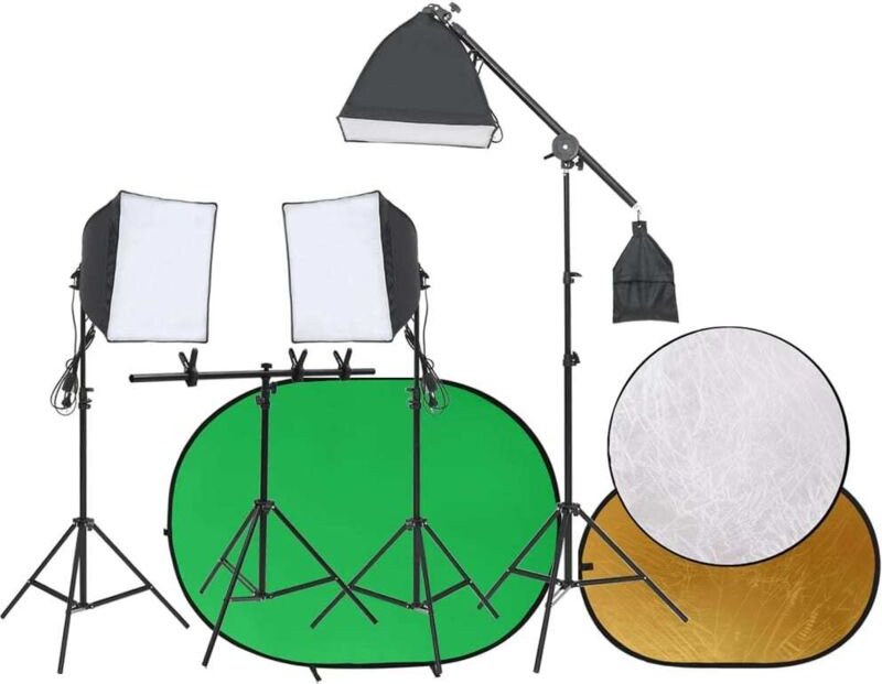 Fotostudio-Set mit Beleuchtung, Hintergrund und Reflektor