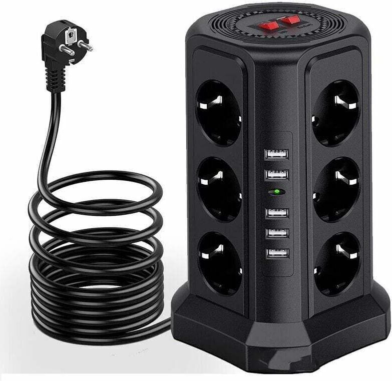 Überspannungsschutz-Steckdosenleiste, Steckdosenleiste mit 5 USB-Anschlüssen und 12 Steckdosen, Steckdosenleiste mit 3 S...