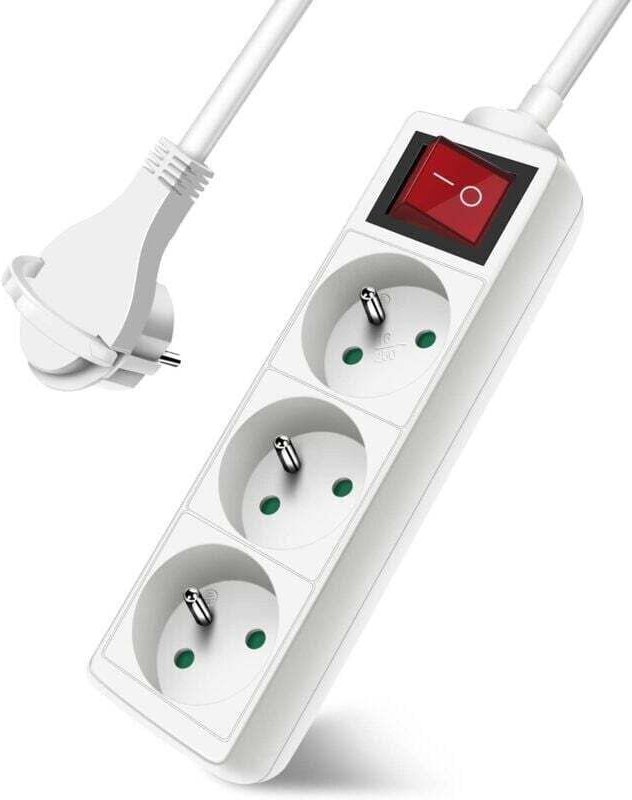 3-fach Steckdosenleiste mit Schalter, Flachstecker, XU, 3-fach Steckdosenblock, 3 m Verlängerungskabel, 230 V mit Kinder...
