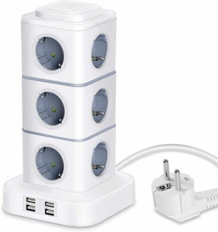 Steckdosenleiste in Turmform, 12 Steckdosen (2500 W / 10 A) mit 4 USB-Anschlüssen, Überspannungsschutz, vertikale Steckd...