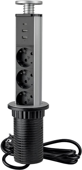 Abnehmbarer Multistecker Vertikal, 3 x Schuko-Stecker, 1 x usb Typ a, 1 x usb Typ c, Kunststoff und Aluminium, Metallic ...