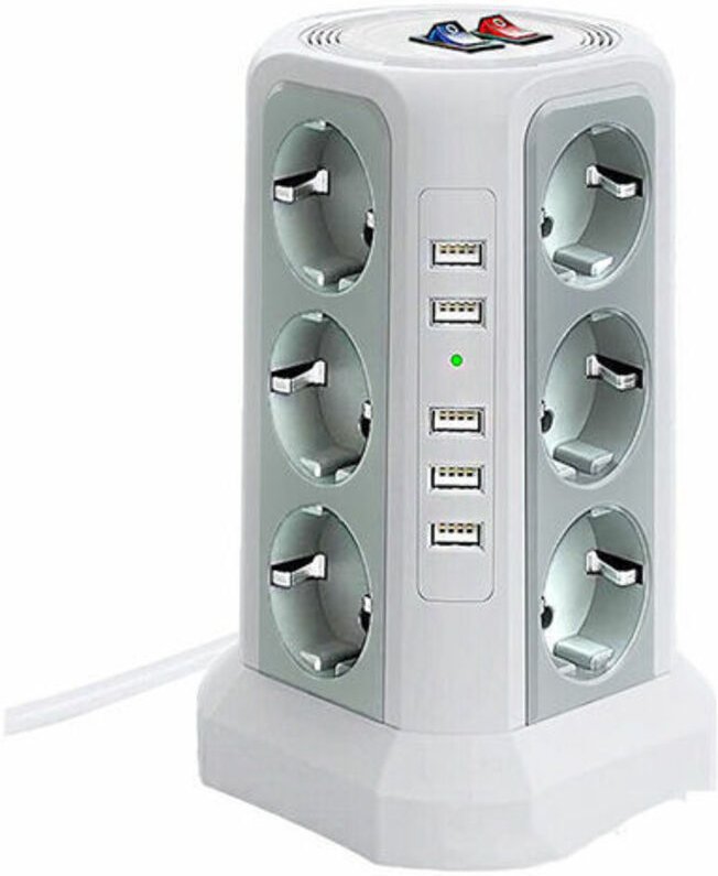 Überspannungsgeschützter Steckdosenturm, elektrische Steckdosenleiste mit 5 USB-Anschlüssen und 12 Steckdosen, Steckdose...