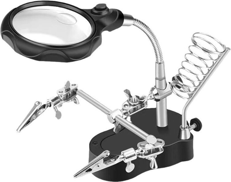 Dritte Hand mit LED-Werkbankleuchte, Lupe und Lötkolbenständer – 3-fache/5-fache Vergrößerung – Verstellbare dritte Hand...