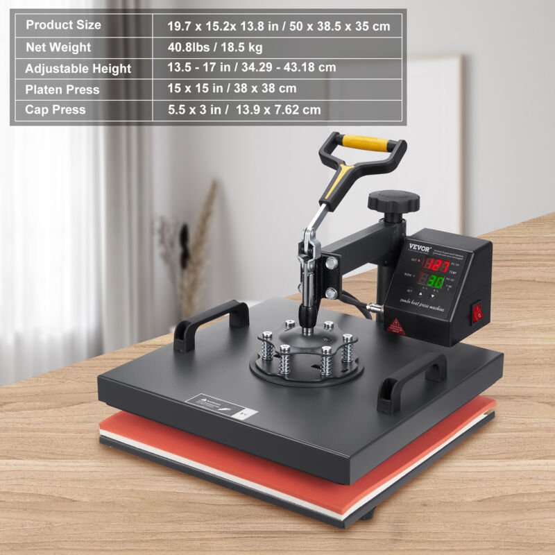 Mophorn - 15x15 Inch / 38x38 cm Heat Press Maschine, 2IN1 Clamshell Sublimation Transfer Drucker, Teflon-Beschichtung, d...