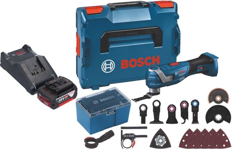 Bosch gop 18V-34 Professional Akku Multi Cutter 18 v Starlock Plus + 1x Akku 5,0 Ah + Ladegerät + 17 tlg. Zubehör + L-Bo...