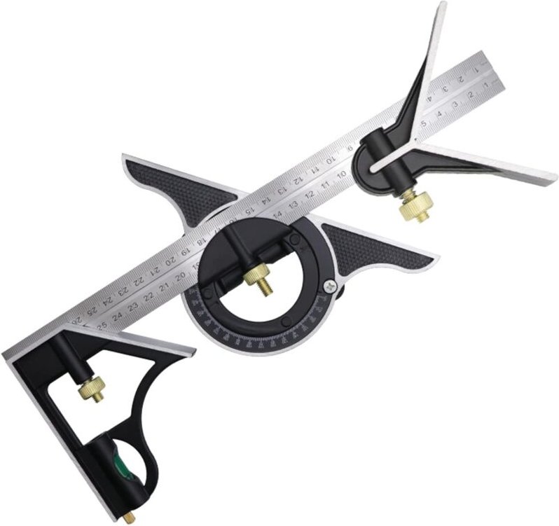 Kombinationswinkel 300 mm, Kombinationswinkellineal aus Edelstahl, Kombinationswinkel mit Wasserwaage und praktischem Sc...