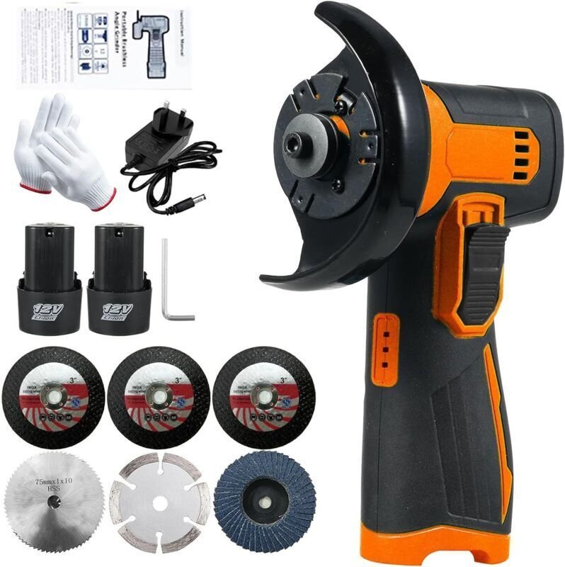 12-V-Akku-Winkelschleifer-Set mit 76-mm-Scheibe, leichtes Gerät mit 2 x 1300-mAh-Lithium-Ionen-Akkus und Ladegerät, ergo...