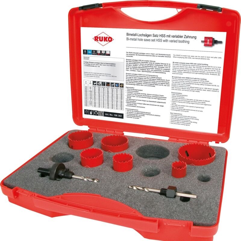 Ruko - 106302 106302 Lochsägen-Set 8teilig 22 mm, 29 mm, 35 mm, 44 mm, 51 mm, 68 mm 1 Set