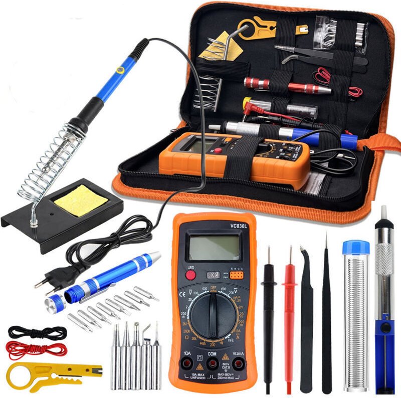 Lötkolben-Set, 60-W-Lötkolben, einstellbare Temperatur von 200–450 °C, Multimeter, 5 Lötspitzen, Entlötpumpe, Lötdraht, ...