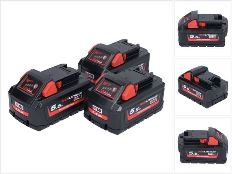 Milwaukee M18 HB 5,5 Akku Set 3x 18 V 5,5 Ah / 5500 mAh Li-Ion High Output ( 3x 4932464712 ) mit Ladestandsanzeige