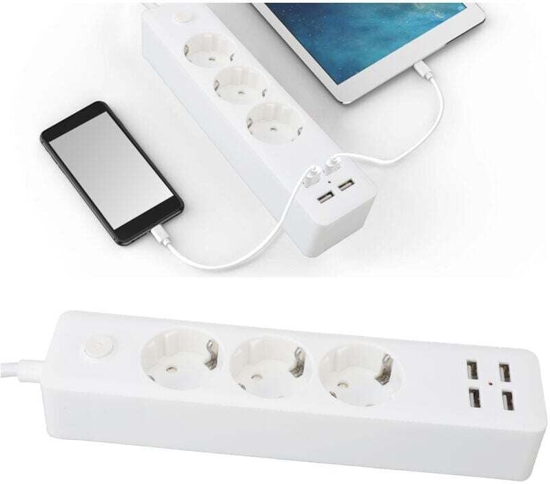 Europäische Steckdosenleiste, 3 Steckdosen, 2200 w, 4 USB-Anschlüsse, 1,8 m Kabel, universelle Steckdosenleiste mit Scha...