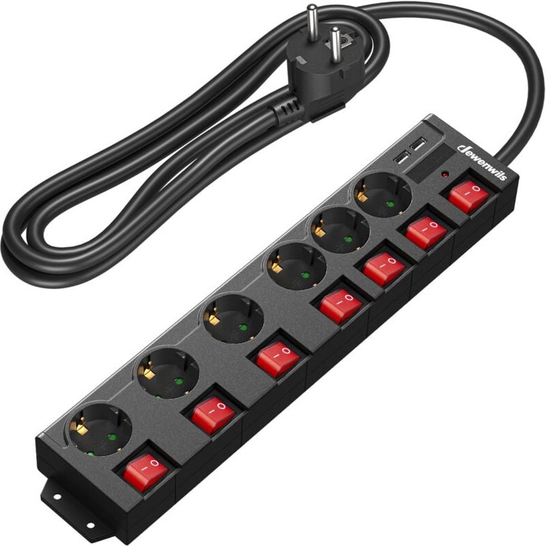 Dewenwils - 6-Fach Steckdosenleiste mit usb, Einzeln Schaltbar, 5 m Kabel, Schwarz