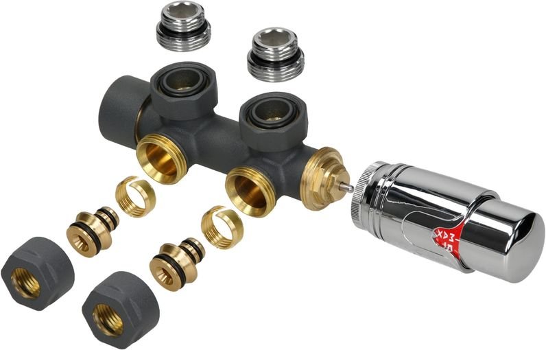 Ecd Germany Ventil-Armaturen Set Multiblock Anthrazit Eckform inkl. Thermostatkopf für Badheizkörper mit Mittelanschluss...