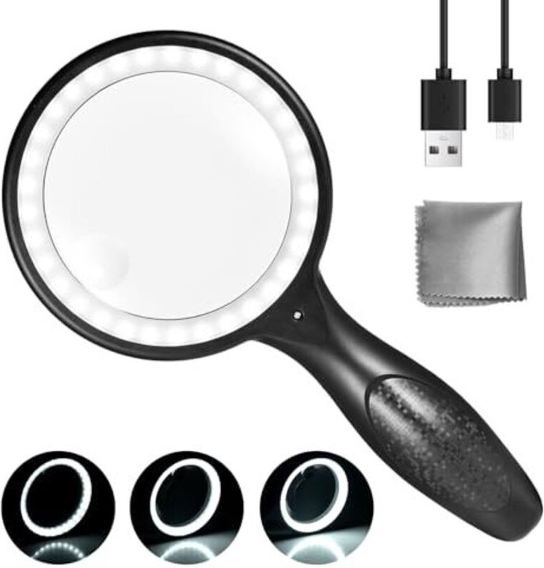 Leselupe mit Beleuchtung, 60-fache/30-fache Vergrößerung mit 33 LEDs, USB-Ladefunktion, 3 Vergrößerungsmodi, hohe Bildsc...