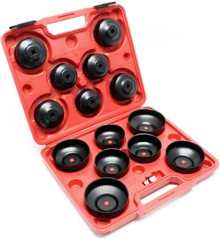 14-teiliges Ölfilterdeckel-Set. Ölfilterschlüssel und Adapter sind in einem Werkzeugkasten enthalten.
