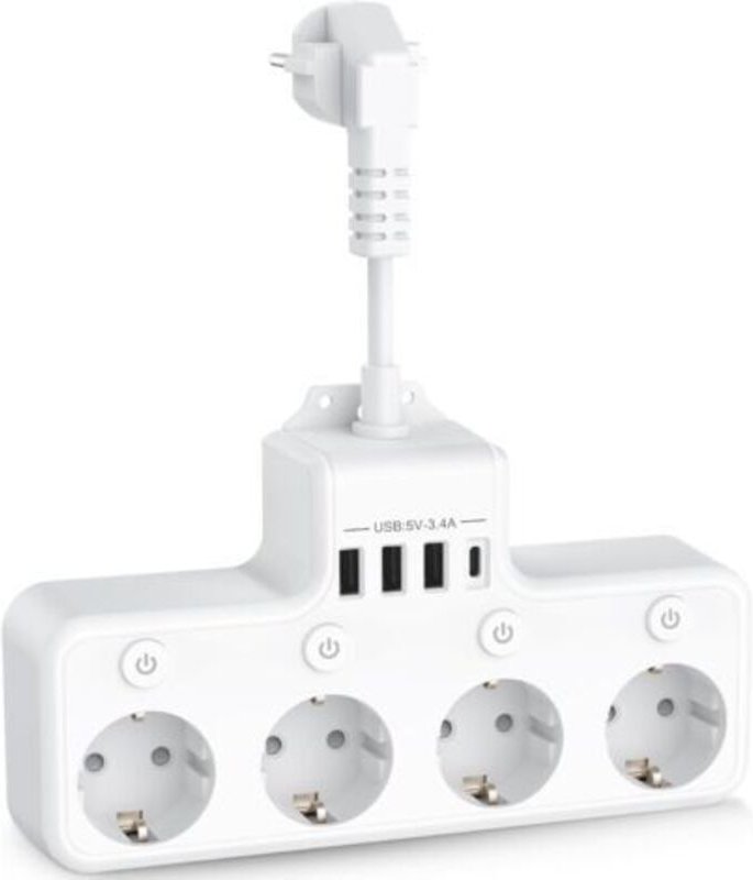 8-in-1 USB-Steckdosenleiste mit 4 Steckdosen, 4 USB-Anschlüssen und Reiseladegerät (5 V/3 A, 5 V/2,4 A), 3680 W, 16 A Me...