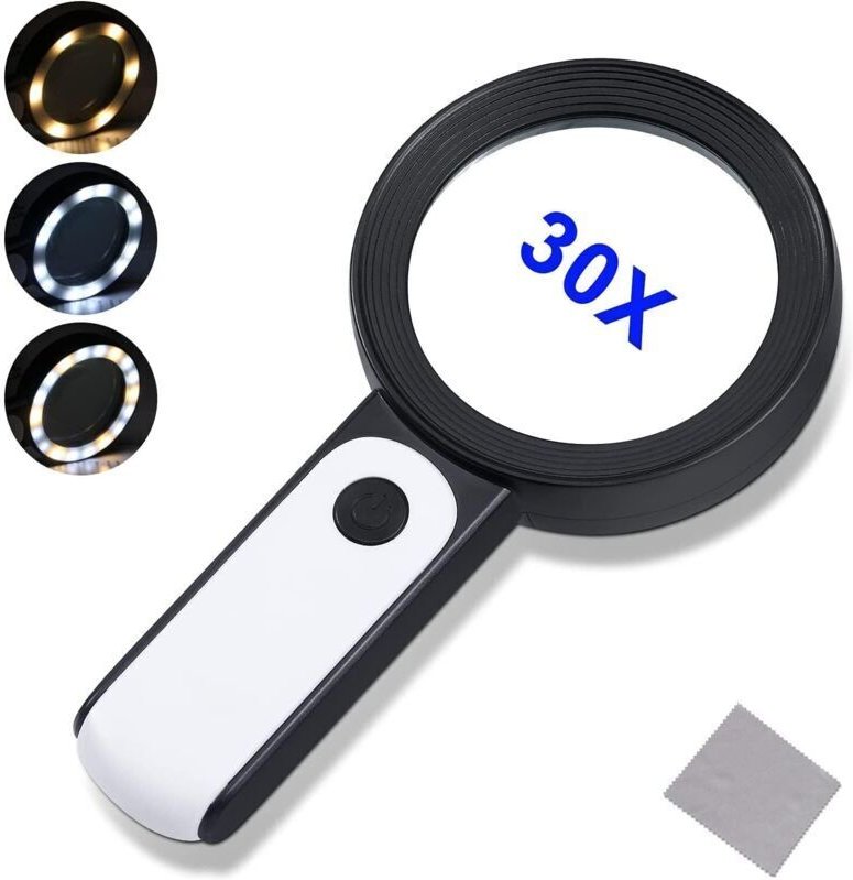 Leselupe mit 18 LEDs, Doppelglaslinse mit 30-facher Vergrößerung, Handlupe, beleuchtete Lupe zum Lesen, für Senioren, Se...