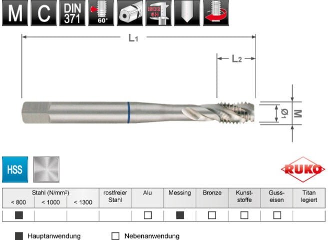 Ruko - Maschinengewindebohrer m din 371 hss m 8 Gewindelänge 10 mm