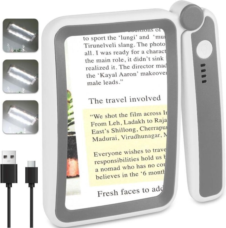 Wiederaufladbare Leselupe mit Beleuchtung, großformatige 4-fache Vergrößerungslupe mit LED-Beleuchtung, faltbar und trag...