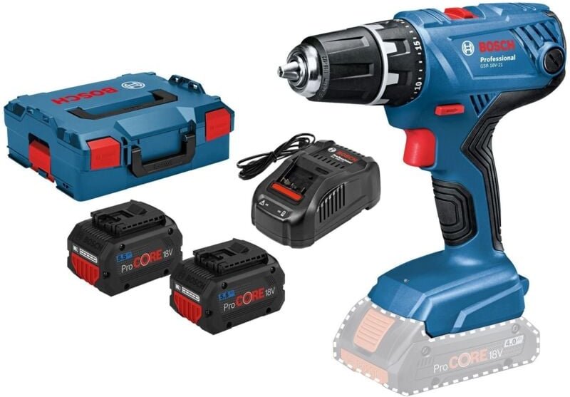 Bosch Akku-Bohrschrauber GSR 18V-21 / 2x 5,5 Ah ProCORE18V Akku + Ladegerät in L-Boxx