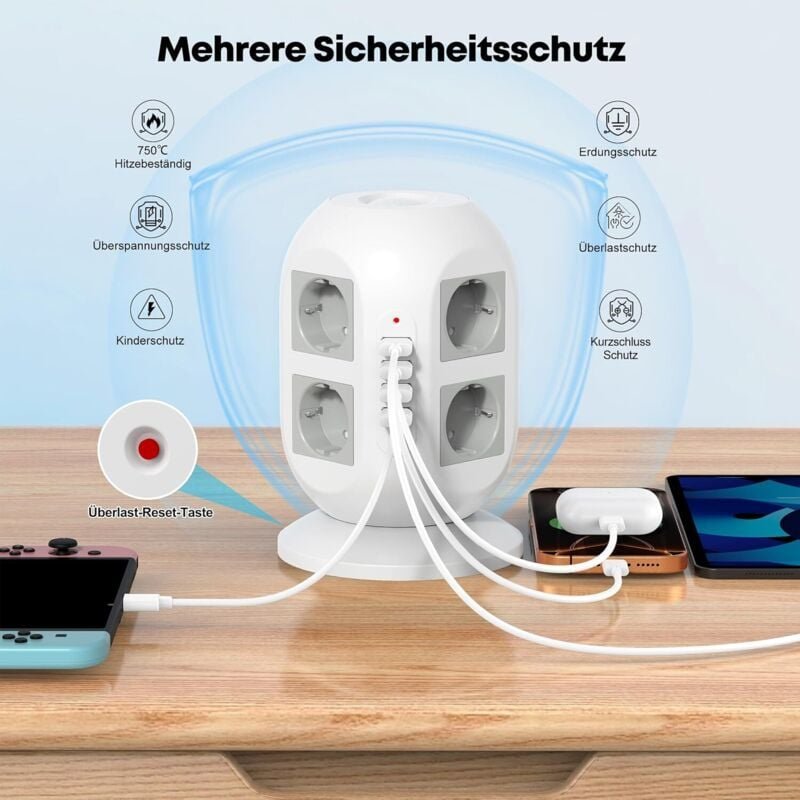 8-fach Steckdosenleiste mit Überspannungsschutz, 2 USB-Ladeanschlüssen, 2 m Kabel, 2 Schaltern (Weiß)