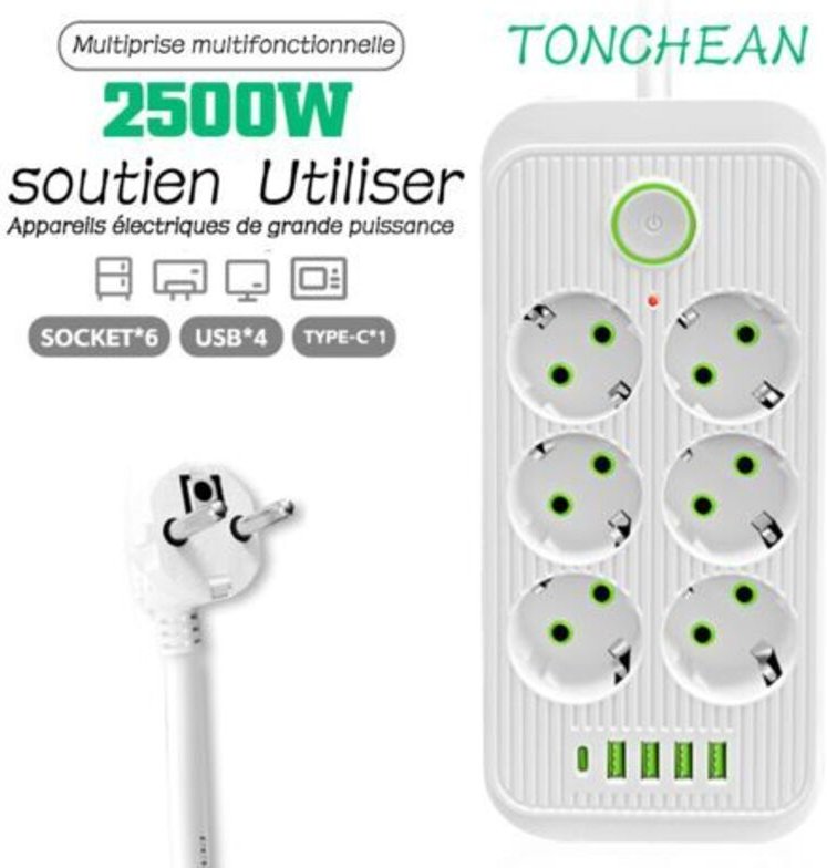 Steckdosenleiste, 6-fach, 2500 W, 10 A, 230 V, mit 4 Ladeanschlüssen (4 USB-A + 1 USB-C), Überspannungsschutz mit Schalt...