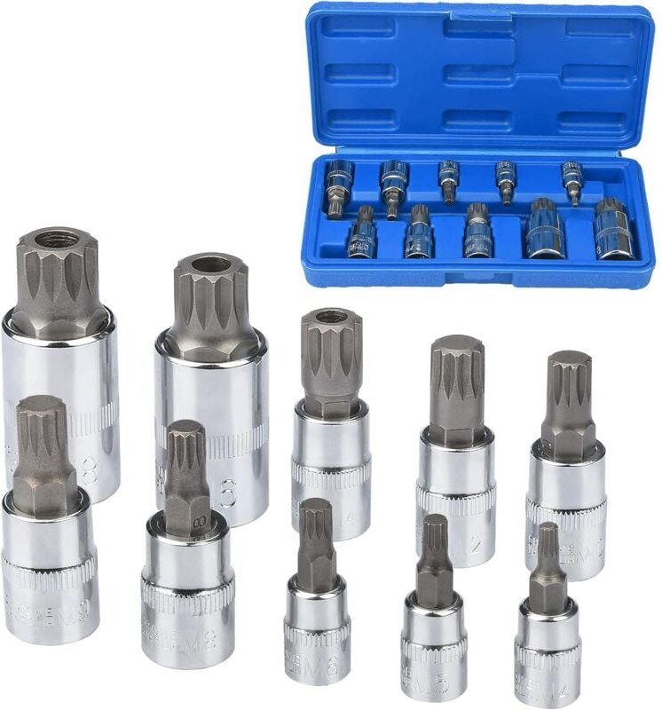Thumbnail - 10-teiliger M4-Spline-Steckschlüsselsatz – M18 Torx – Dreifach-Vierkant-Steckschlüsselsatz mit Aufbewahrungskoffer