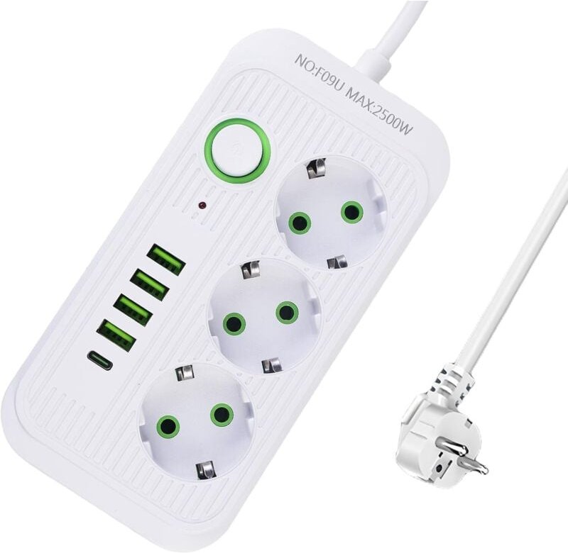 Mehrfachsteckdose mit 3 Steckplätzen, 2 m Kabel, 2500 W und Schalter, USB-Steckdosenleiste 10 A, mit 3 AC-Ports, 4 USB-P...