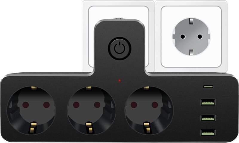 Wandsteckdosenleiste, 7-in-1-Steckdosenleiste mit 3 USB-Anschlüssen und 1 Typ-C-Anschluss, mit Schalter, 3-fach Steckdos...