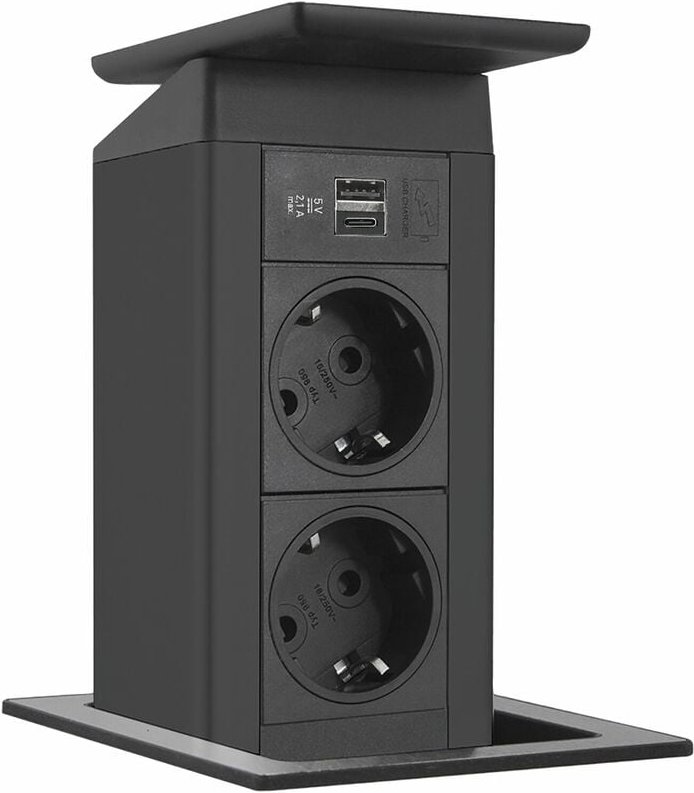 Port Push schwarz 2x Schuko + usb-a + usb-c Charger Wippdeckel Edelstahl - Evoline