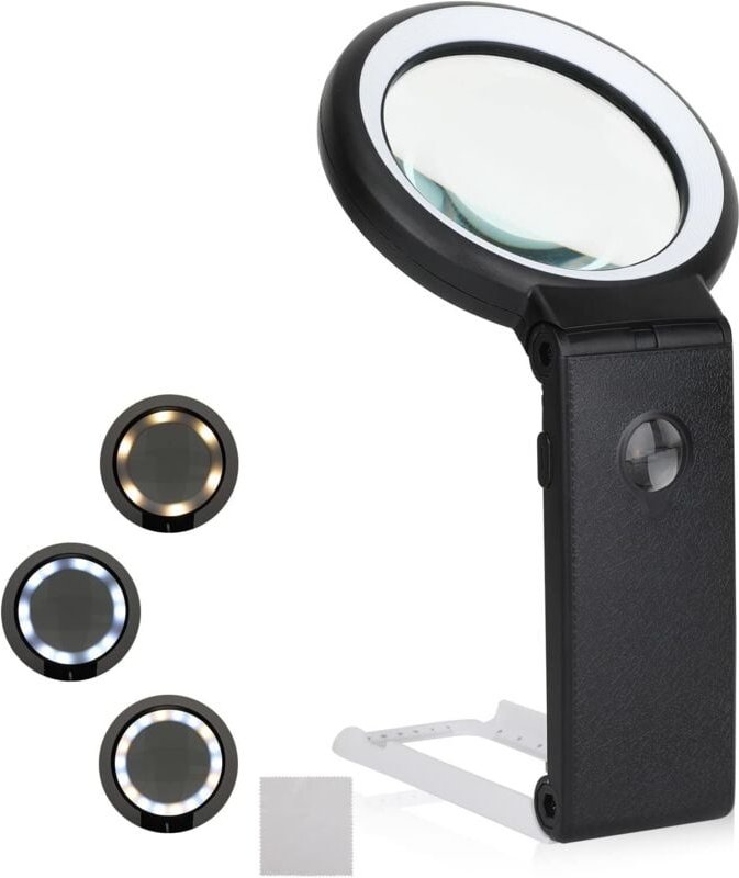 Lupa iluminada de mano de 6x y 25x con 8 luces LED, lámpara regulable, lupa con soporte plegable para lectura, inspecció...