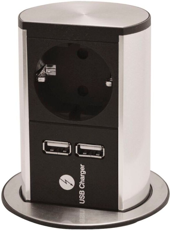 Steckdosenelement Elevator 1 x Schuko.- 2x USB-Ladebuchse, Edelstahl Effekt
