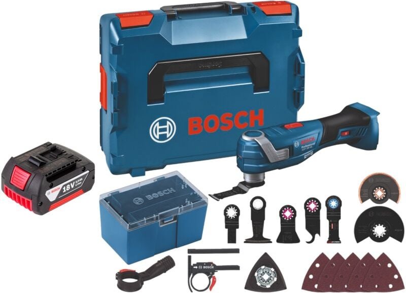 Bosch gop 18V-34 Professional Akku Multi Cutter 18 v Starlock Plus + 1x Akku 3,0 Ah + 17 tlg. Zubehör + L-Boxx - ohne La...