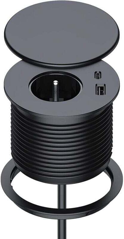 Unterputz-Steckdosenleiste mit 1 Steckdose, 1 USB-C-Anschluss, 1 USB-A-Anschluss, 75 mm Durchmesser, 1,5 m Kabel, Tischs...